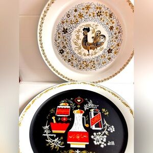 Vintage Black and White Rooster Rose Metal Serving Trays Large
